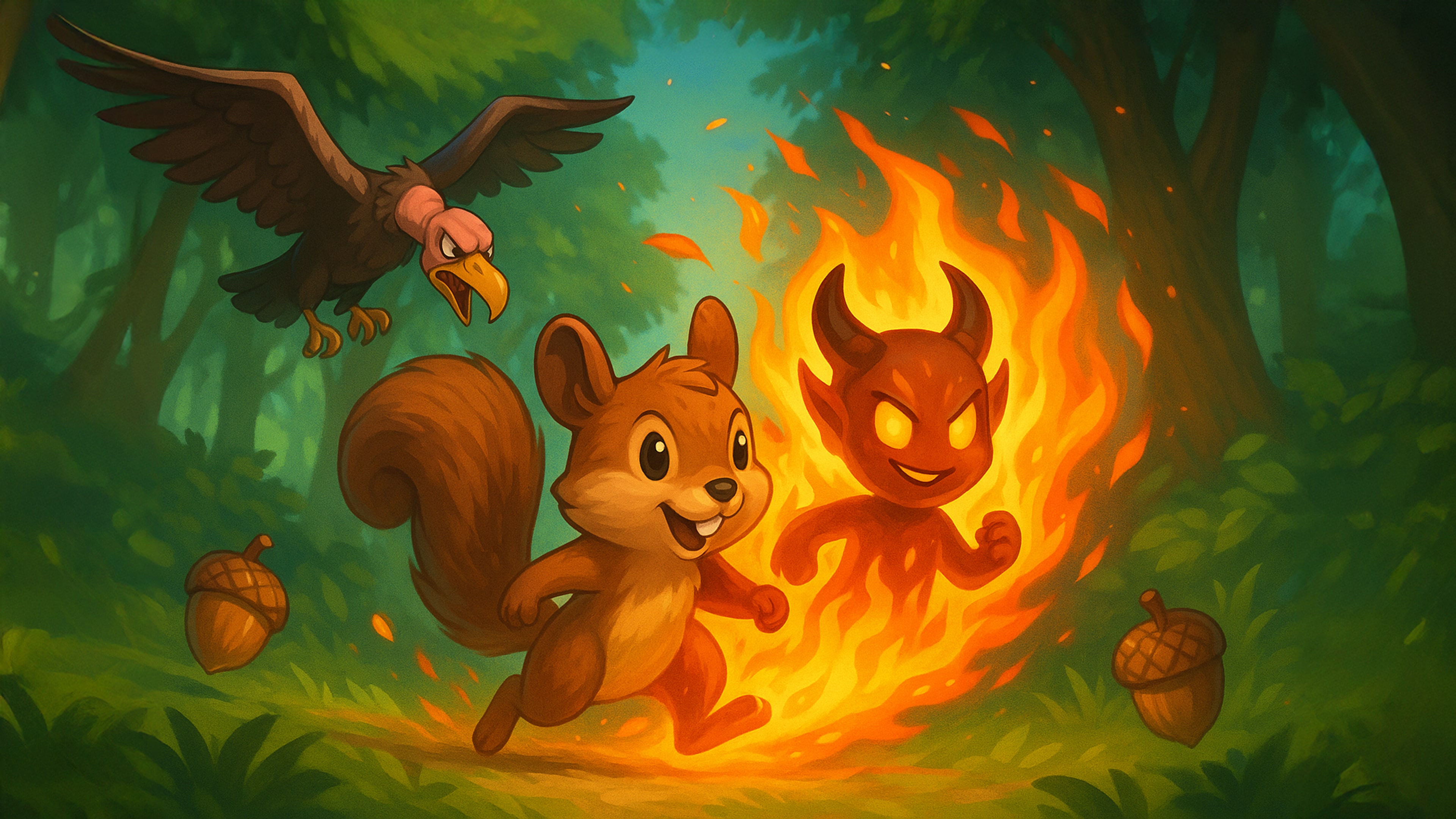 Pixicharm - Acornflare 遊戲封面與主要角色示意圖