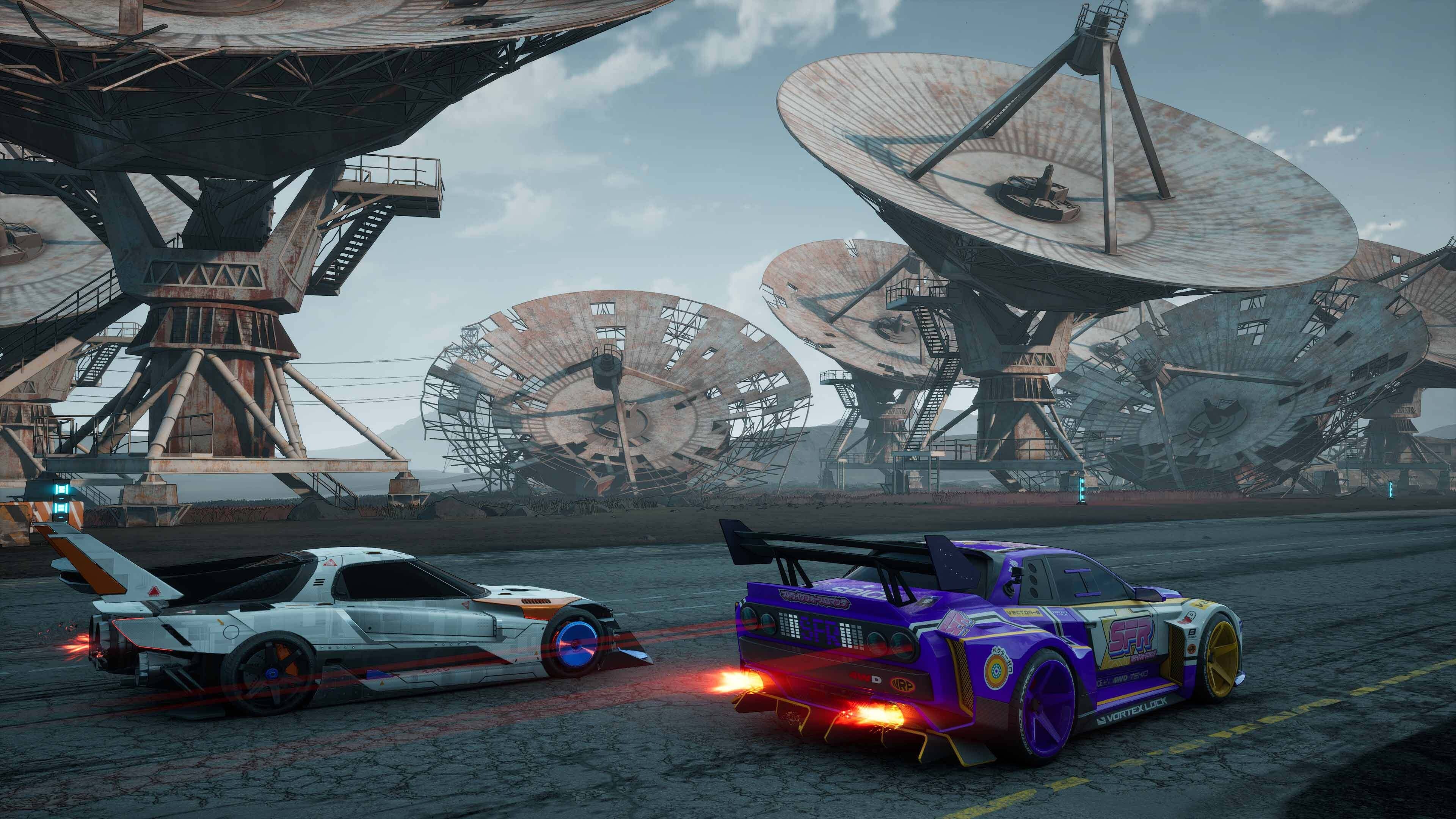 不同陣營的賽車在霓虹賽道上奔馳