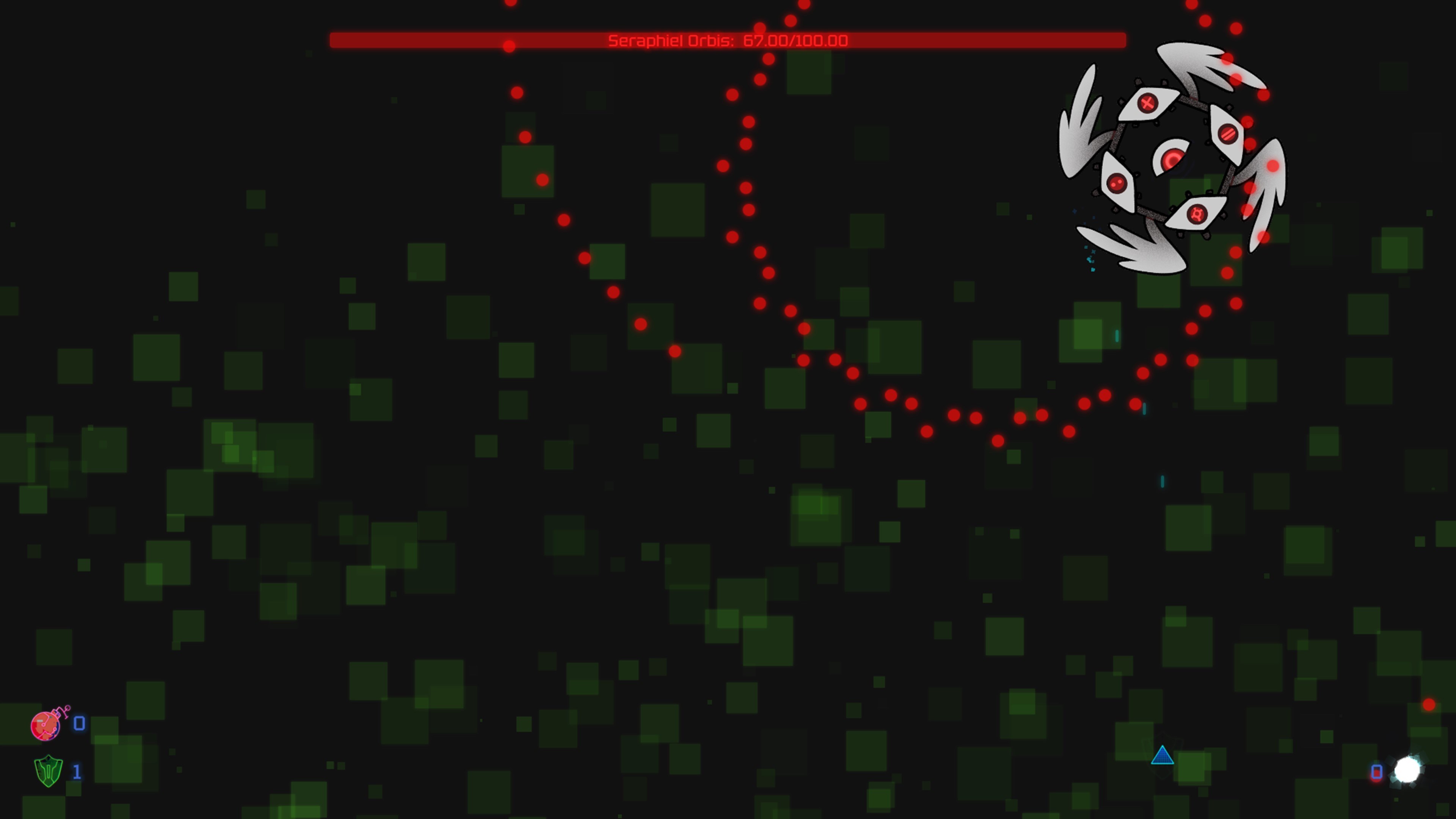 玩家面對長著翅膀的球體頭目，周圍充滿了彎曲的彈幕波