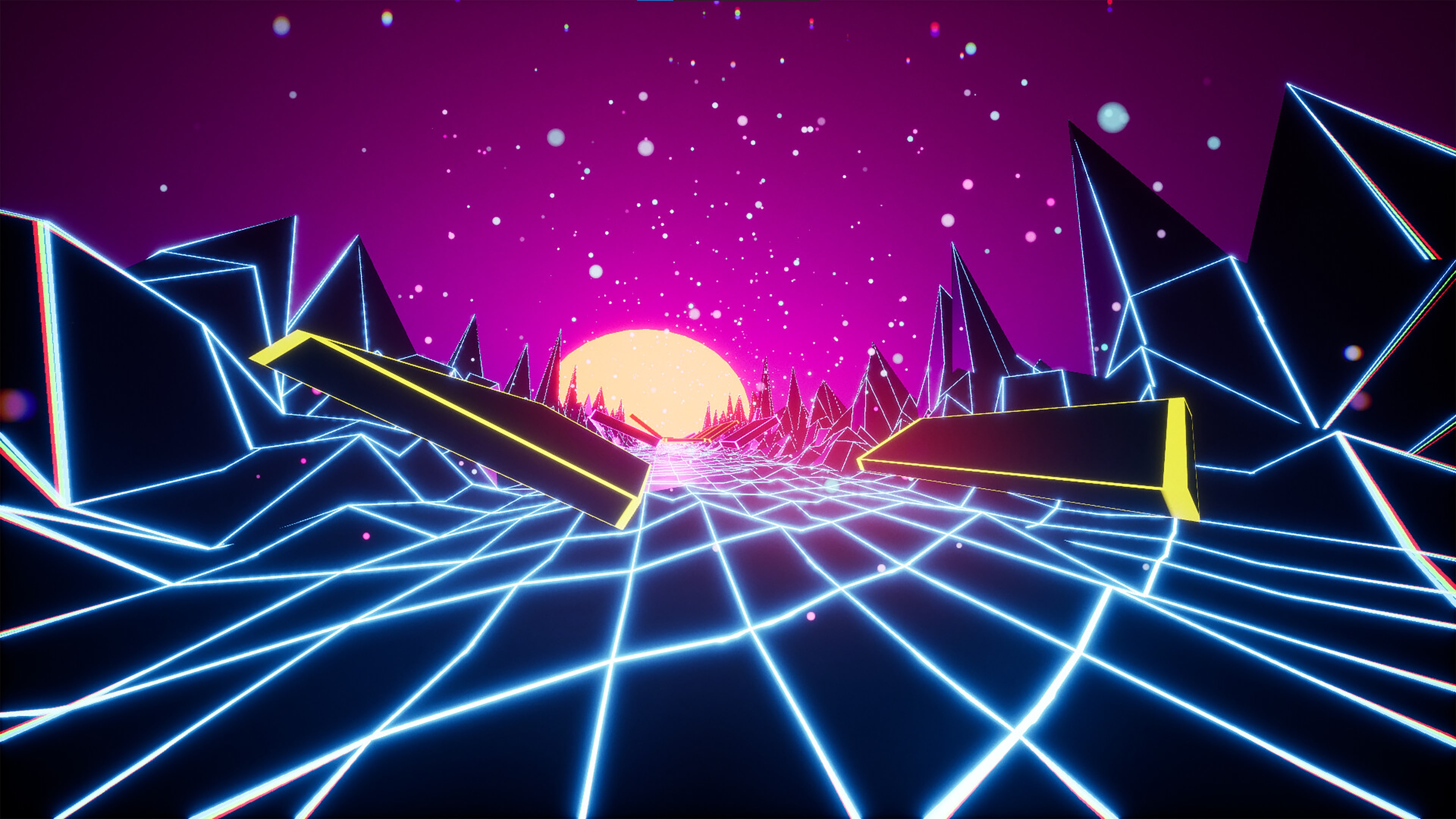 遊戲實機畫面，玩家正在充滿幾何障礙的關卡中奔跑