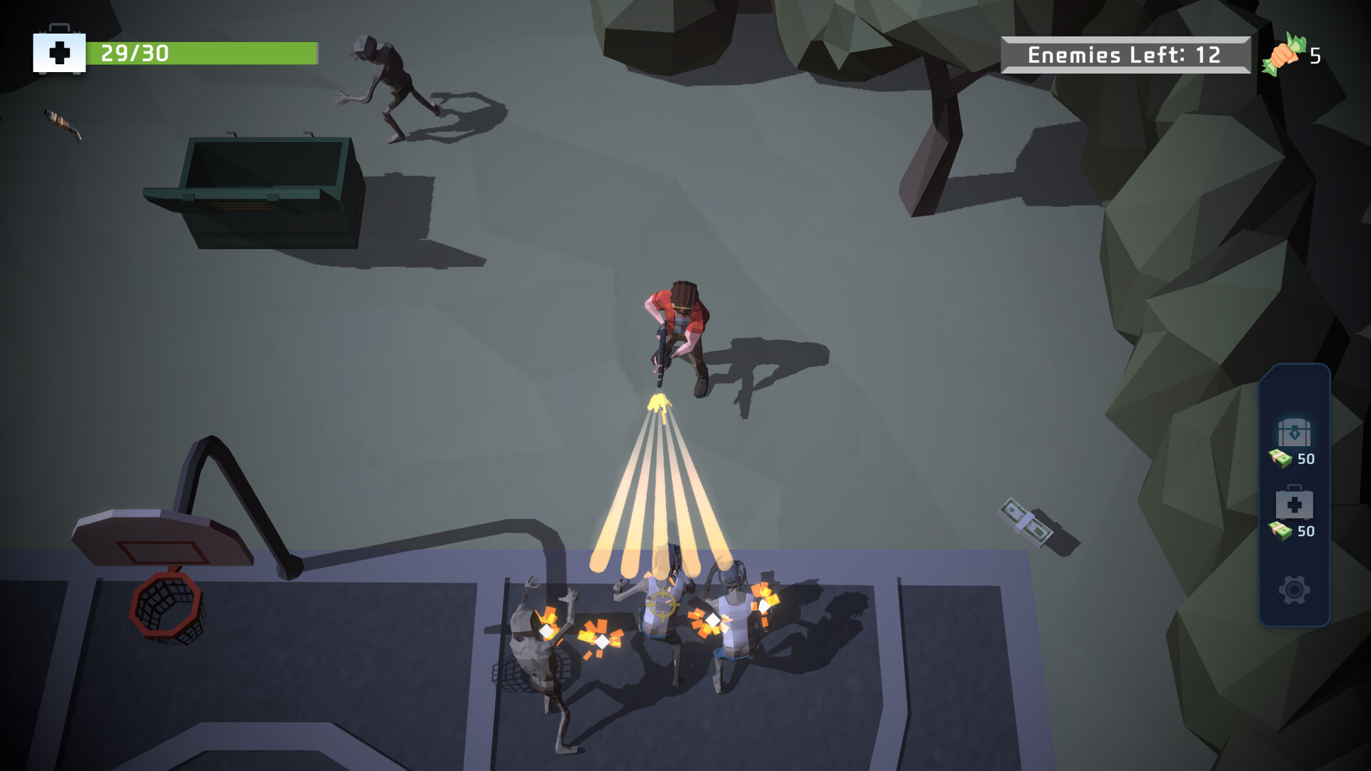 遊戲戰鬥畫面：地面上的喪屍屍骸與燃燒效果