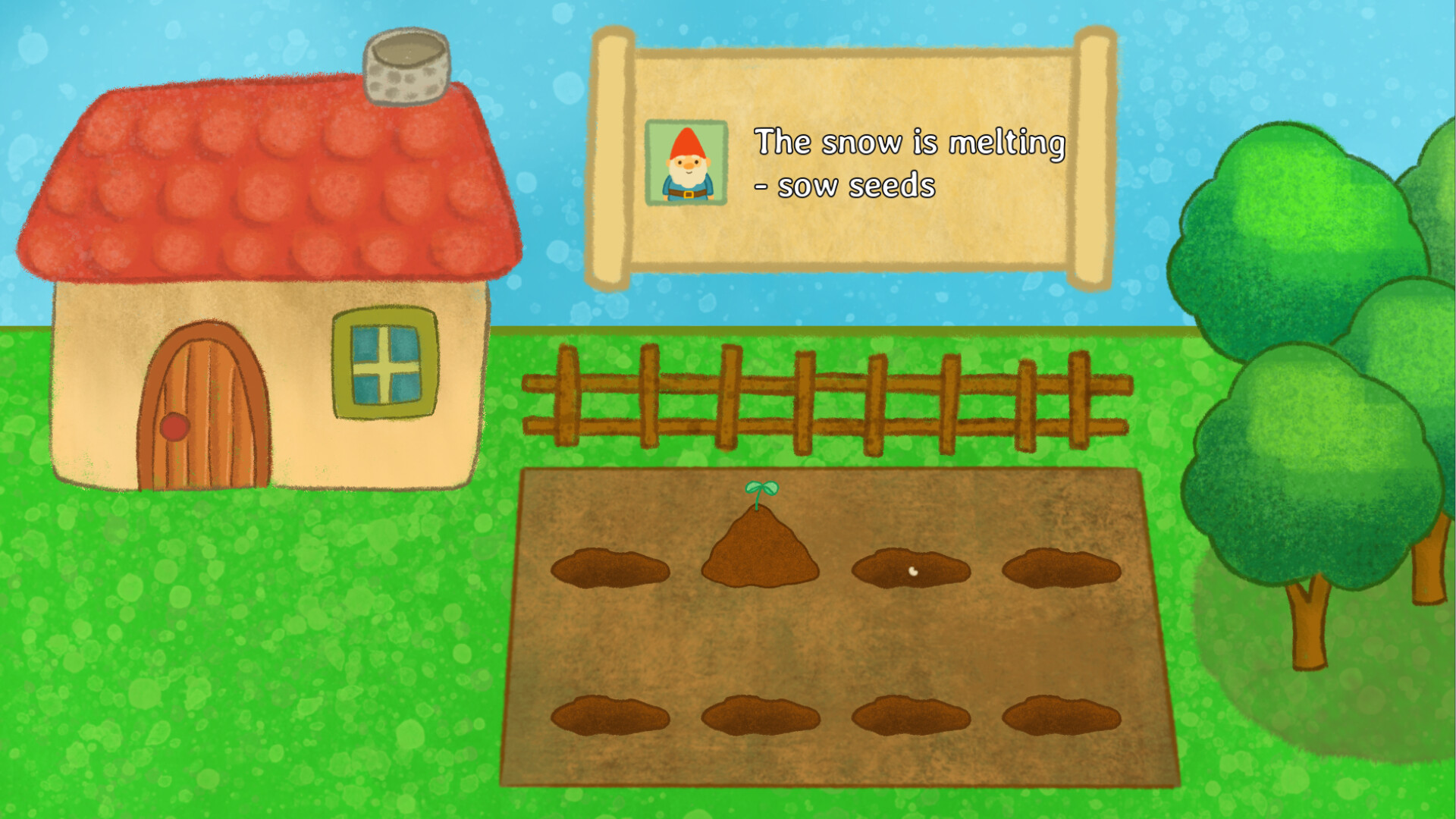 侏儒在花園中辛勤耕作的畫面