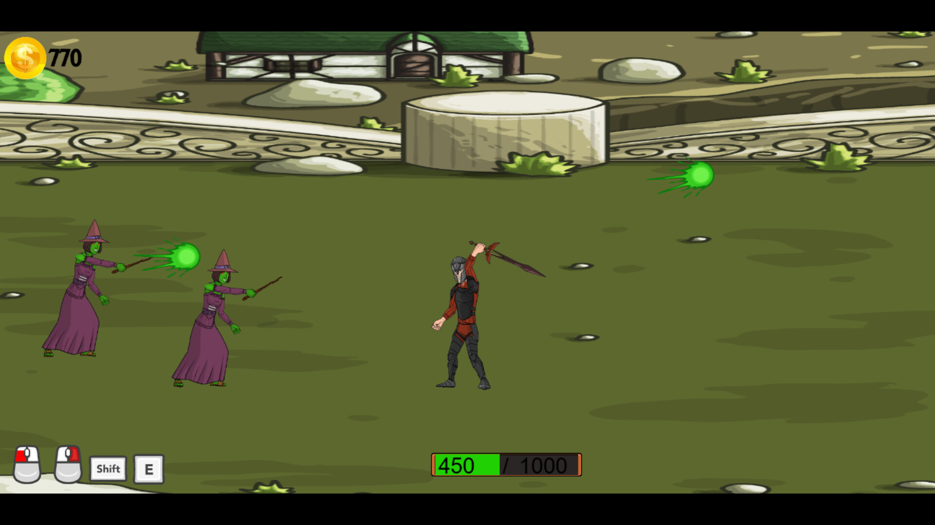 遊戲實機畫面,展示玩家在中世紀場景中的戰鬥英姿