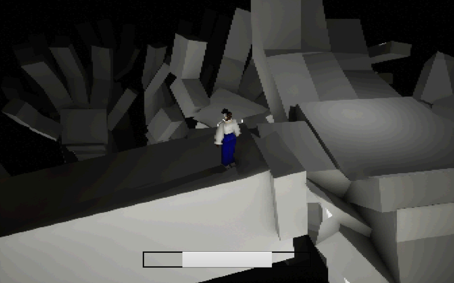 遊戲場景截圖，昏暗的燈光與復古的畫質營造出壓抑的心理恐怖感。