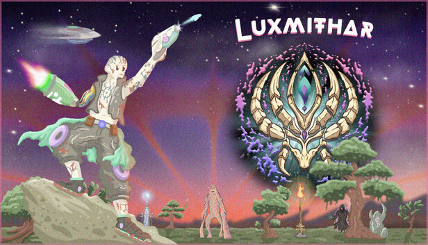 《Luxmithar》Steam 商店主視覺圖，展示遊戲戰鬥與建設場景