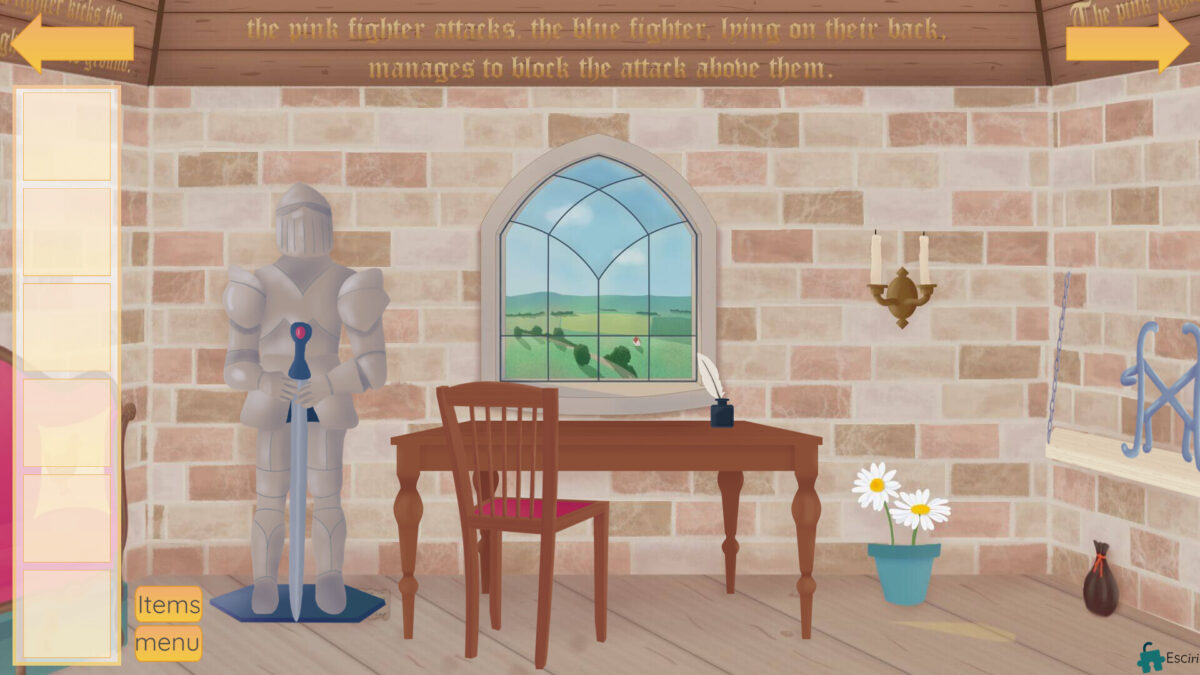 騎士的挑戰遊戲畫面:塔樓房間內一角的書架與陳設