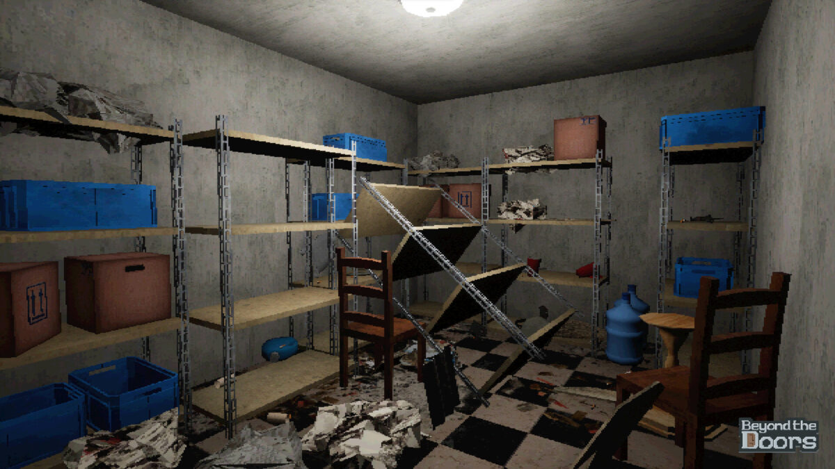 Beyond the Doors 遊戲截圖，展示公寓走廊的陰暗氛圍