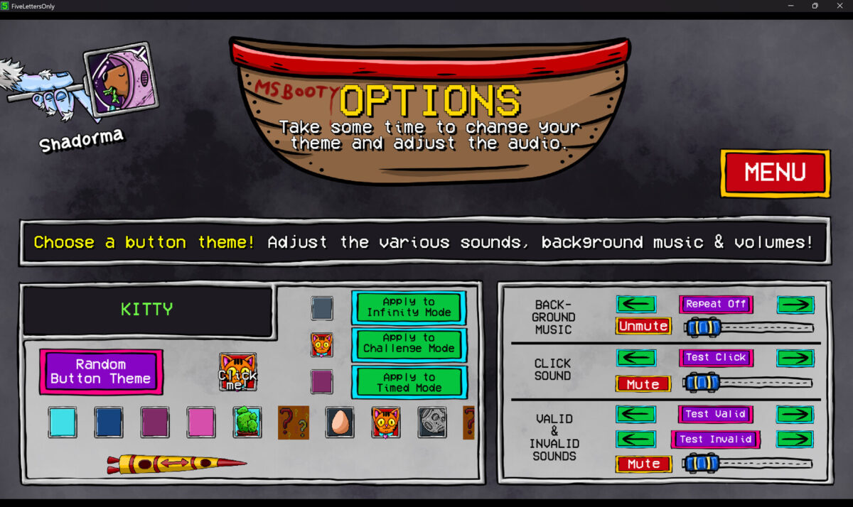 Five Letters Only 遊戲截圖:選項與音效設置