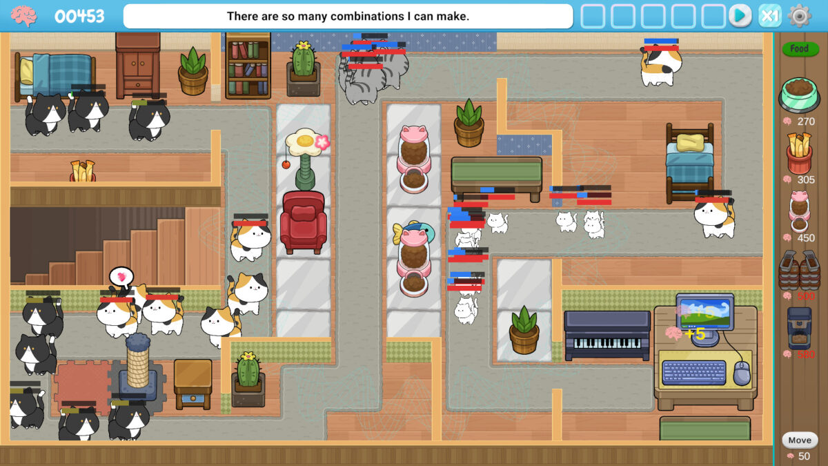 Defend Against Cats 遊戲內截圖：貓咪正在干擾工作桌面的特寫