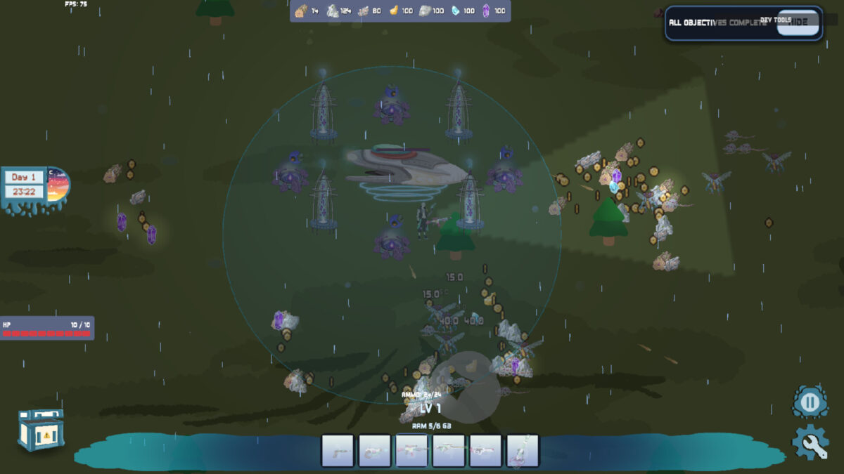 《Luxmithar》遊戲截圖：玩家正在擴展世界網格，遠方可見防禦陣地