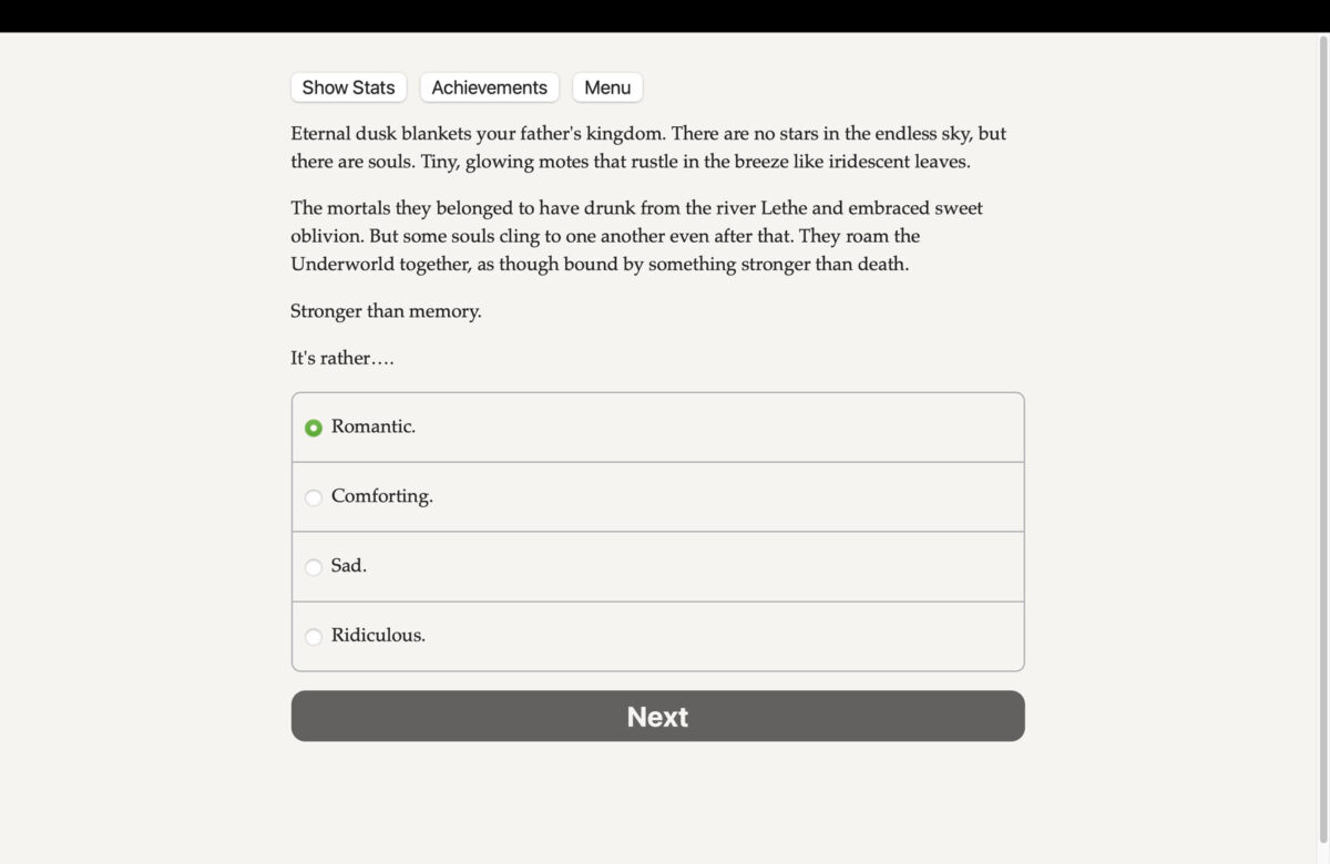 Hearts in Hades: Divine Passion 劇情選項示意圖