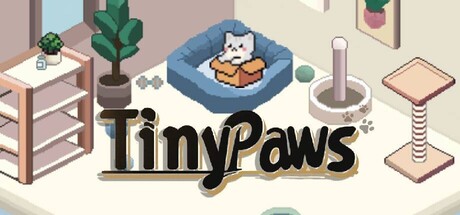 TinyPaws Steam 商店頁面標題大圖,展示遊戲主視覺與一隻可愛的像素貓咪。