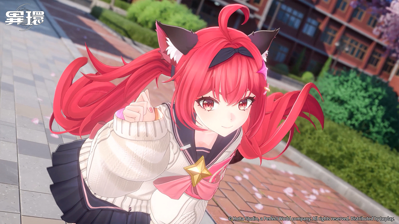 《異環》角色娜娜莉截圖，紅髮貓耳少女穿著制服側身回眸