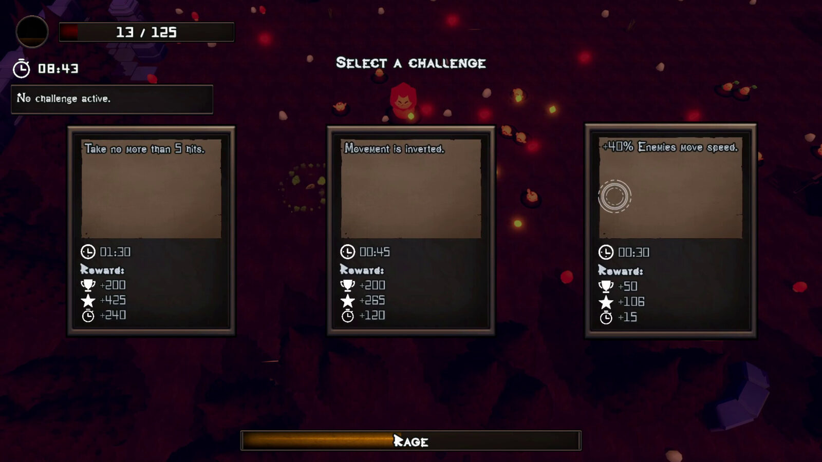 Behold the Horde 遊戲截圖三，展示角色獲得升級選項的介面，玩家可從三個隨機強化中選擇其一