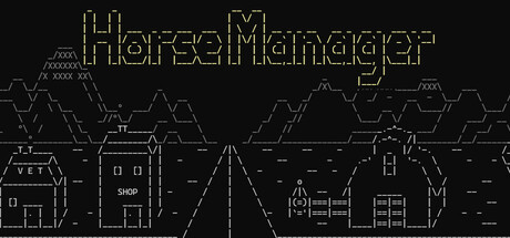 《Horse Manager》Steam 商店頁面標題圖片,展示 ASCII 風格的遊戲畫面