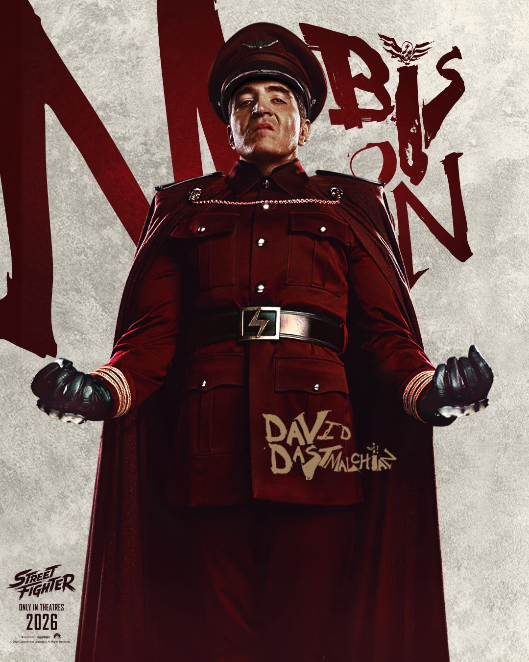 快打旋風2026真人電影M.拜森（M. Bison）官方角色海報，David Dastmalchian飾演
