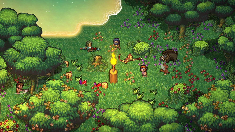 多名玩家與猴子大軍一起在夜間營地活動