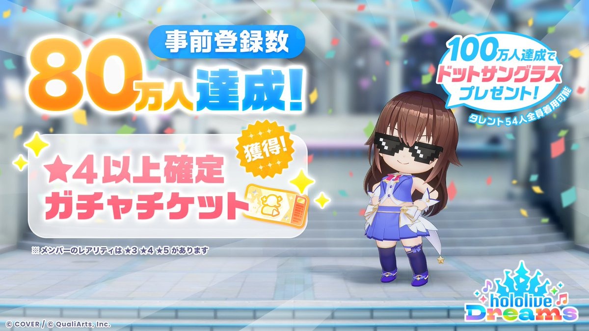 hololive Dreams 80萬事前登錄突破紀念圖，獎勵★4以上必中轉蛋券