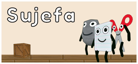 《Sujefa》遊戲標題大圖,展示布和剪刀在充滿色彩的平台關卡中合作。
