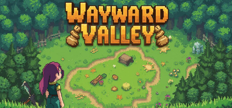 Wayward Valley 遊戲標題畫面，展示村莊與塔樓的像素藝術風格