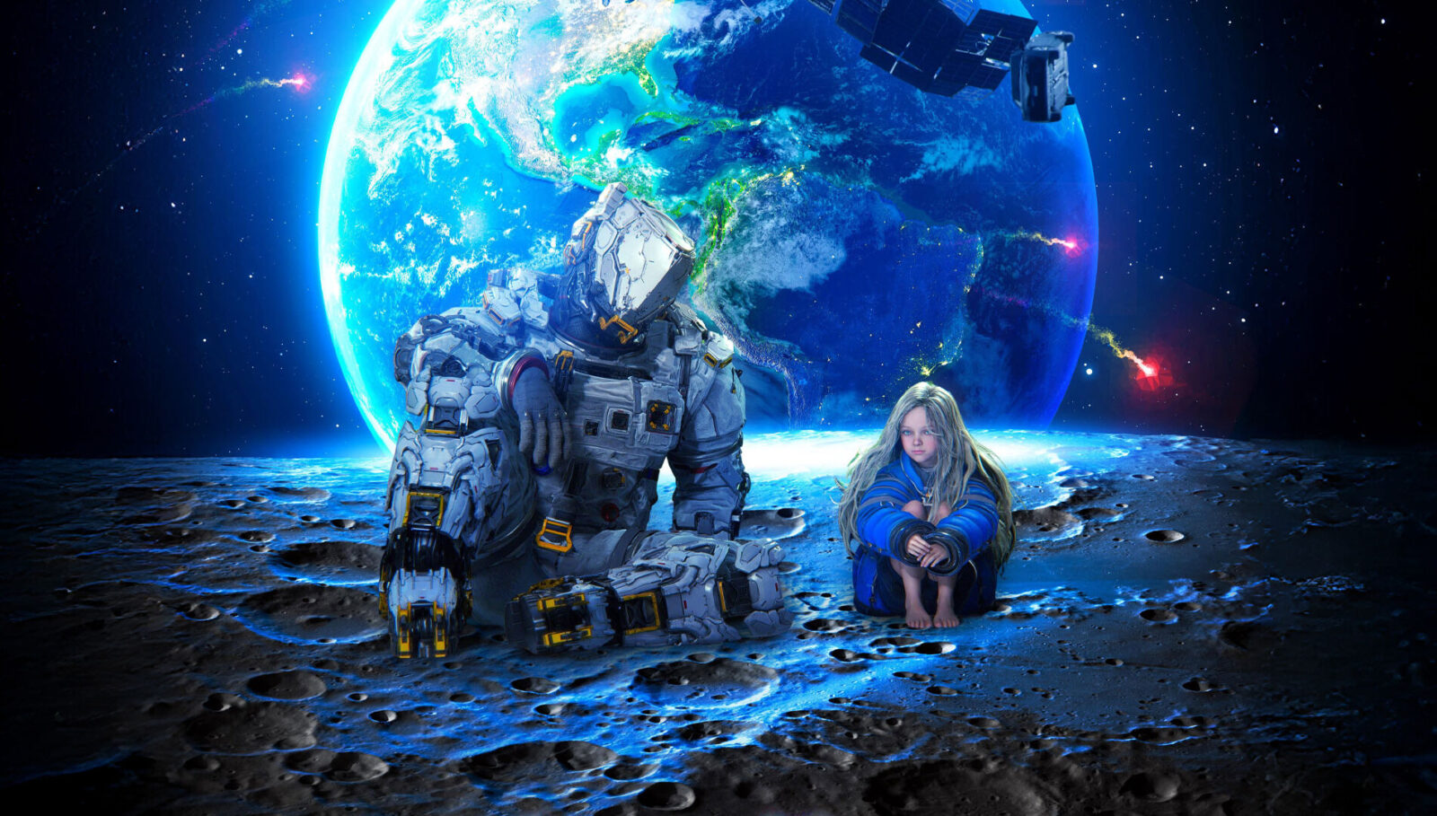 人機迷網 PRAGMATA 官方主視覺宣傳圖，休與黛安娜在月球設施中