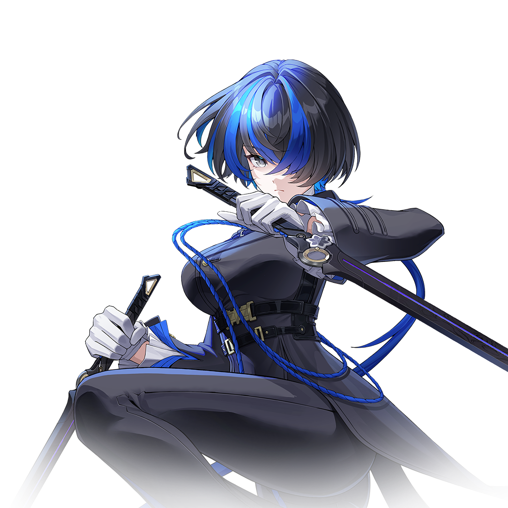 達芙蒂爾官方立繪,黑髮深色戰術服裝,持劍姿態