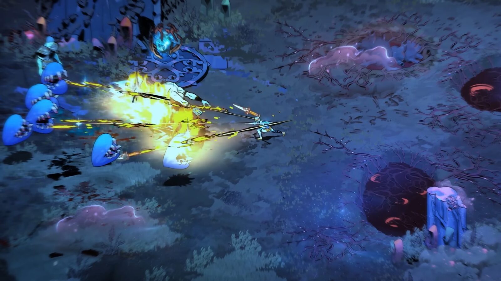 《黑帝斯 2》遊戲精彩戰鬥截圖，展示冥界戰鬥場景