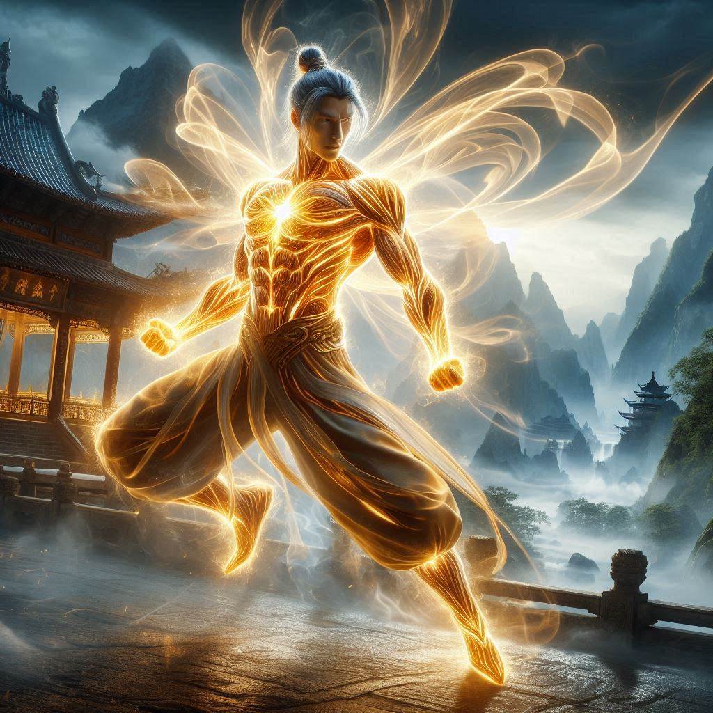 了不起的修仙模擬器攻略 - AI生成體修修煉者金光護體戰鬥概念圖