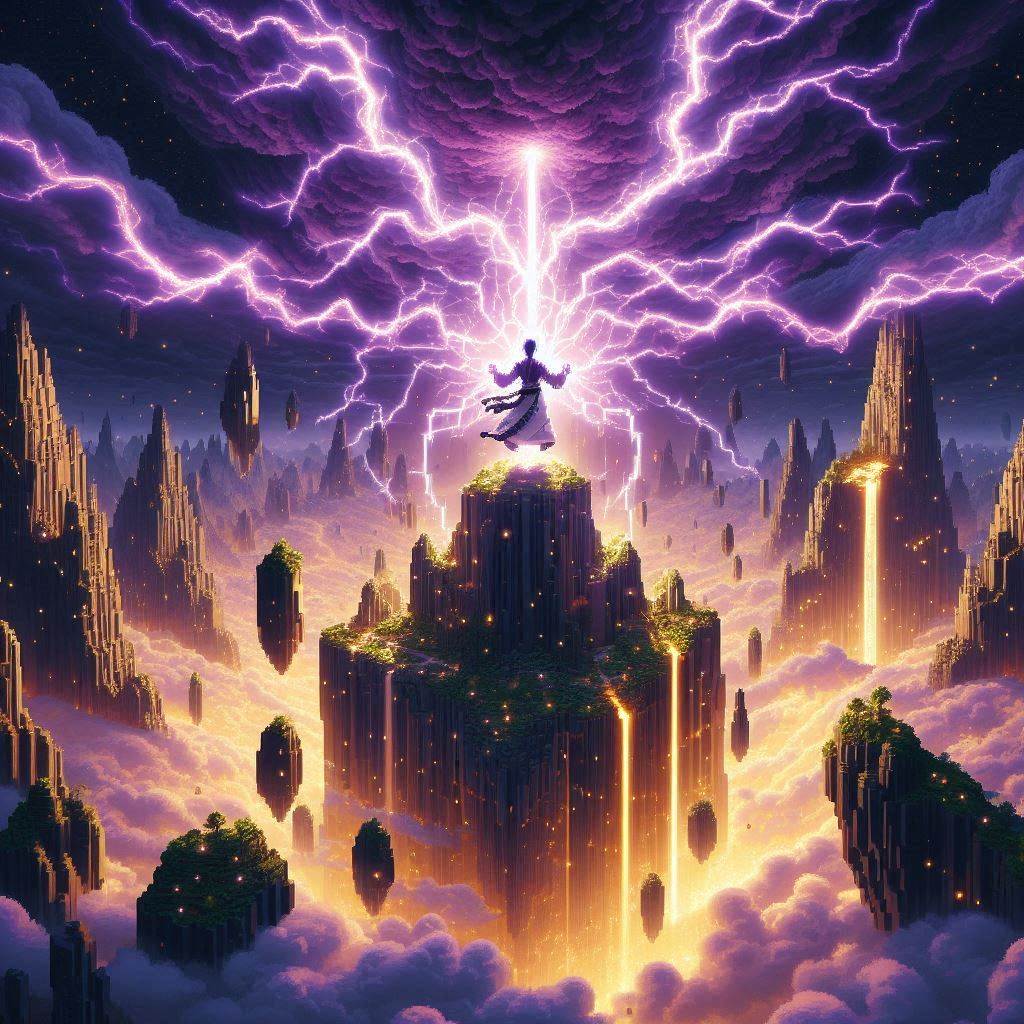 수선 도겁 천겁 장면 AI 컨셉 이미지: 수선자가 산 정상에서 자금 뇌겁을 견디는 모습, 《소상의 수선 세계》 마인크래프트