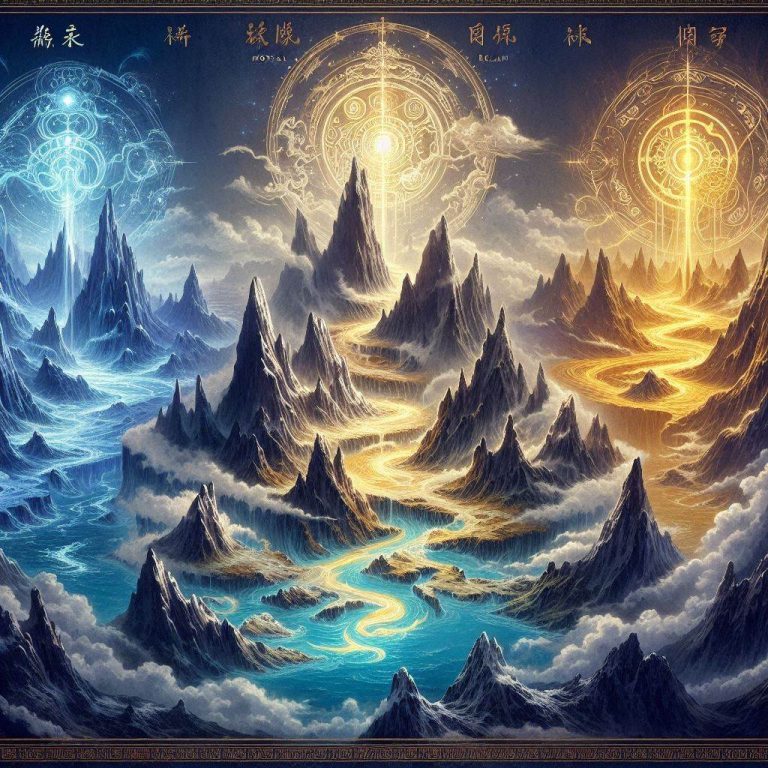 凡人修仙傳地圖三界修仙大陸概念藝術圖，展示人界靈界仙界的地理格局與靈氣分佈