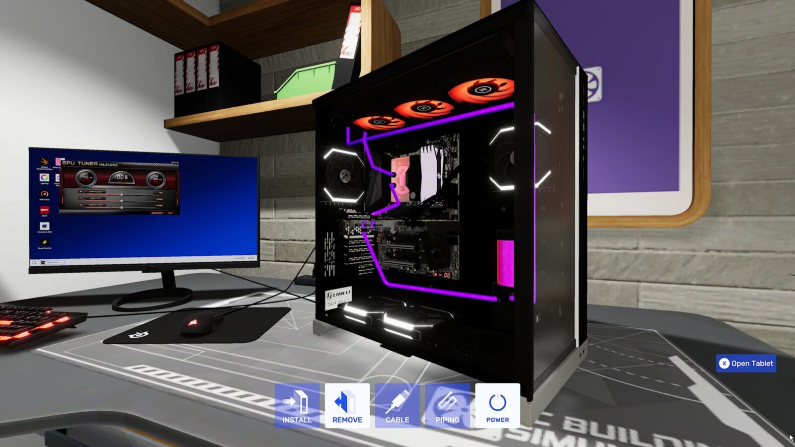 PC Building Simulator 2 自由組裝模式畫面,展示一台完成複雜水冷系統的透明主機