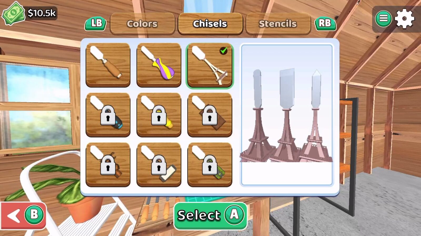 Woodturning 3D 遊戲中，玩家的工作室與工具陳列