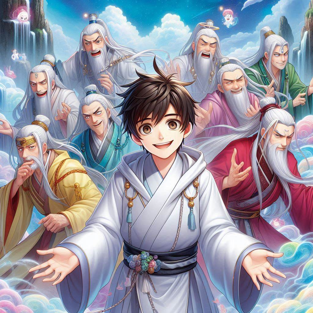 不會真有人覺得修仙難吧漫畫 AI封面意象圖－謙遜主角與七位師兄