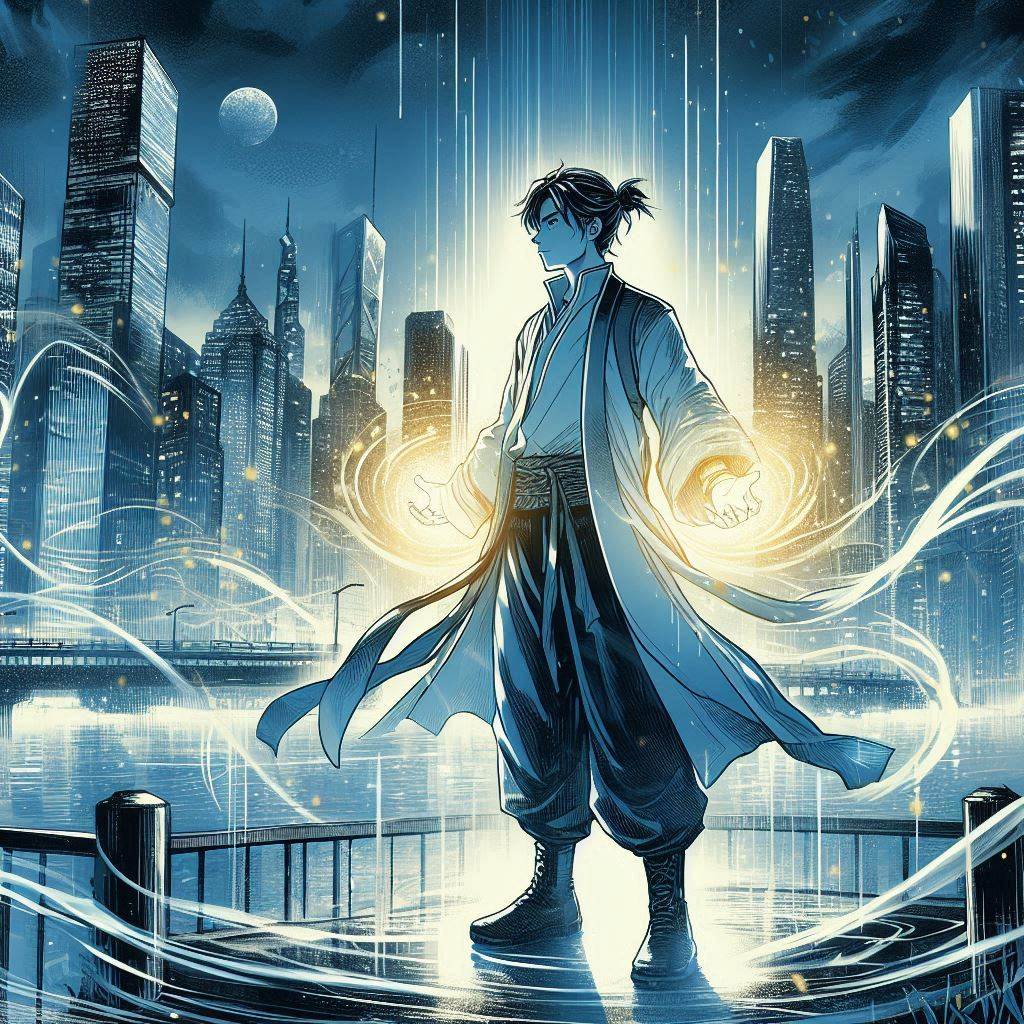 重生之都市修仙漫畫AI概念封面圖，都市修仙主角手握靈氣仰望夜空城市