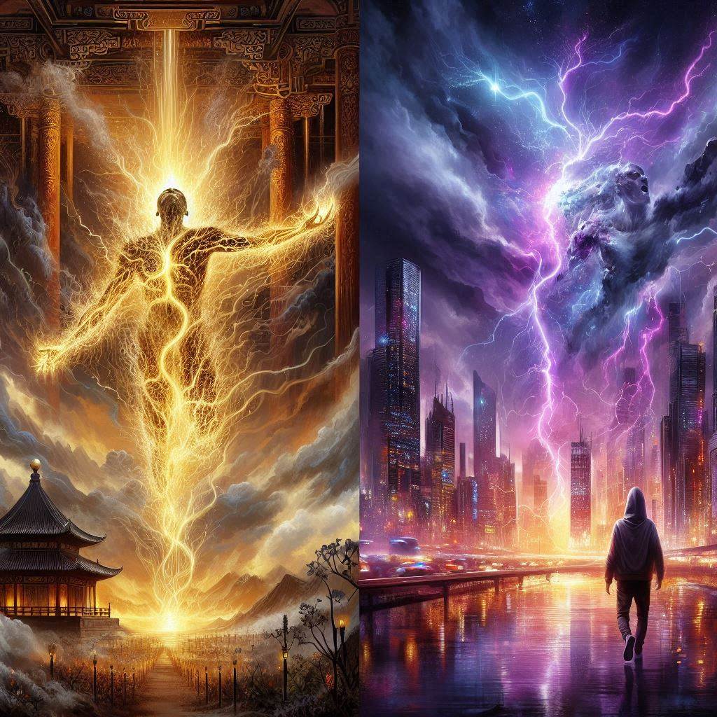 중생지도시수선 겁 실패 회귀 컨셉 아트, 보라색 천겁 번개와 영혼 회귀 장면