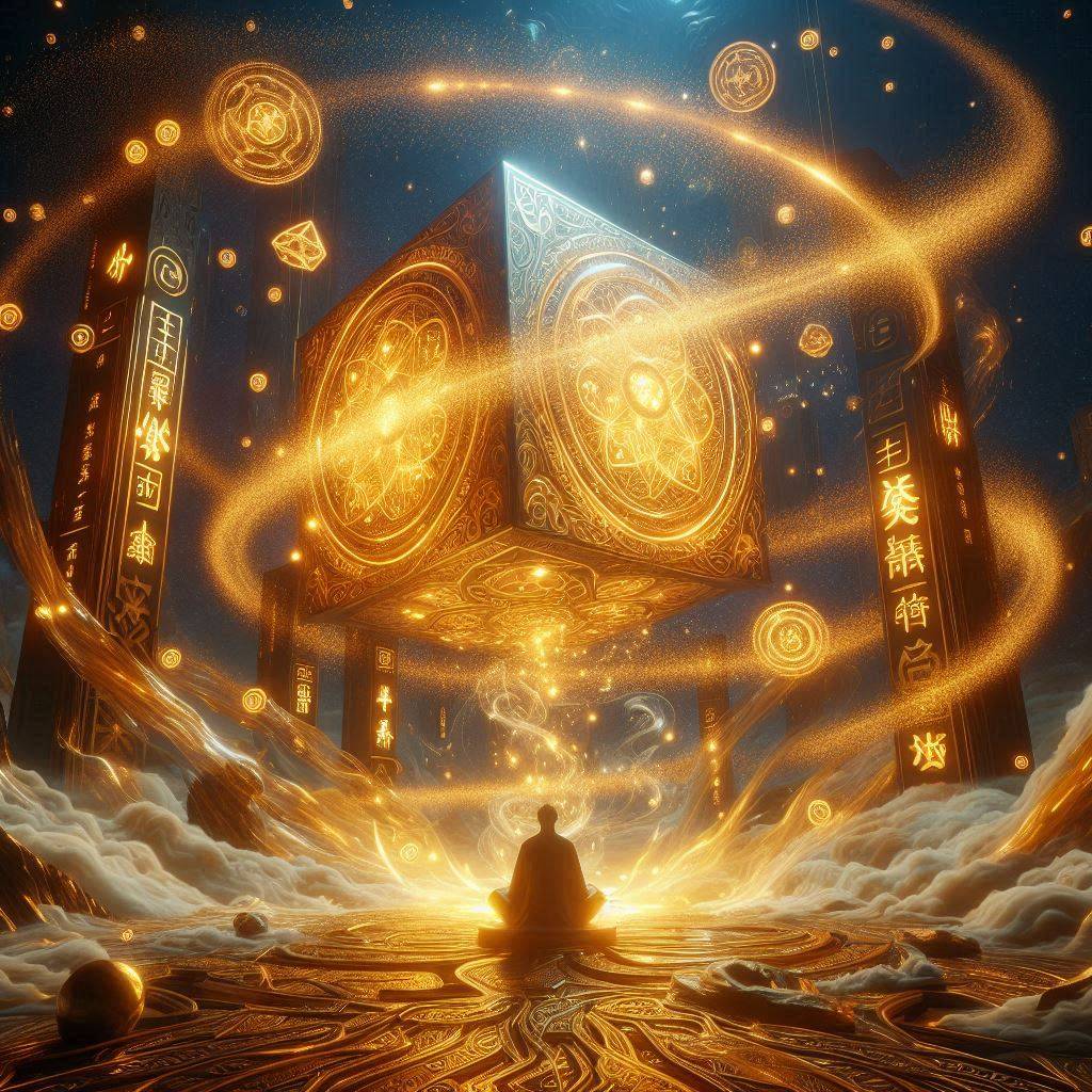 頂級氣運悄悄修煉千年漫畫封面意象插圖，主角韓絕低調修煉千年的仙俠概念圖