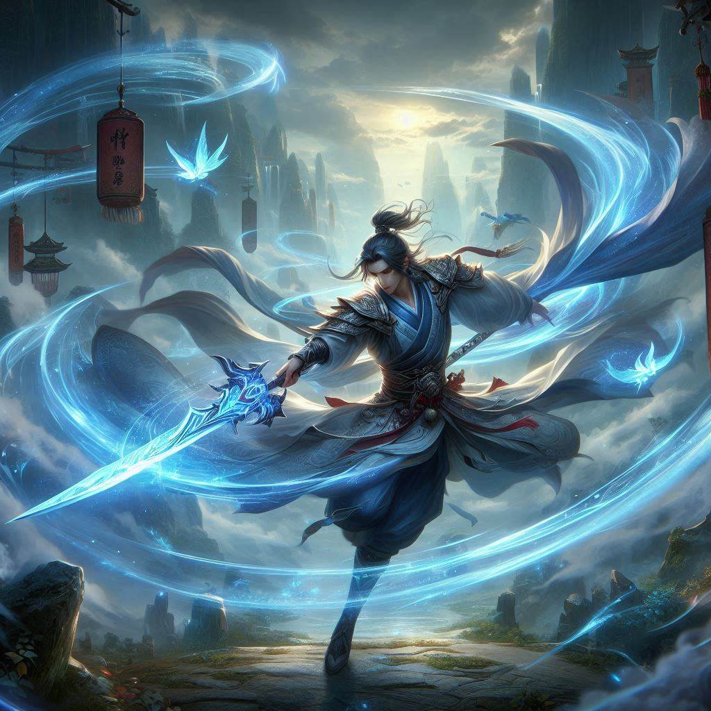 凡人修仙传M剑修攻略封面意象图：仙侠剑修手持飞剑蓝色剑气爆发