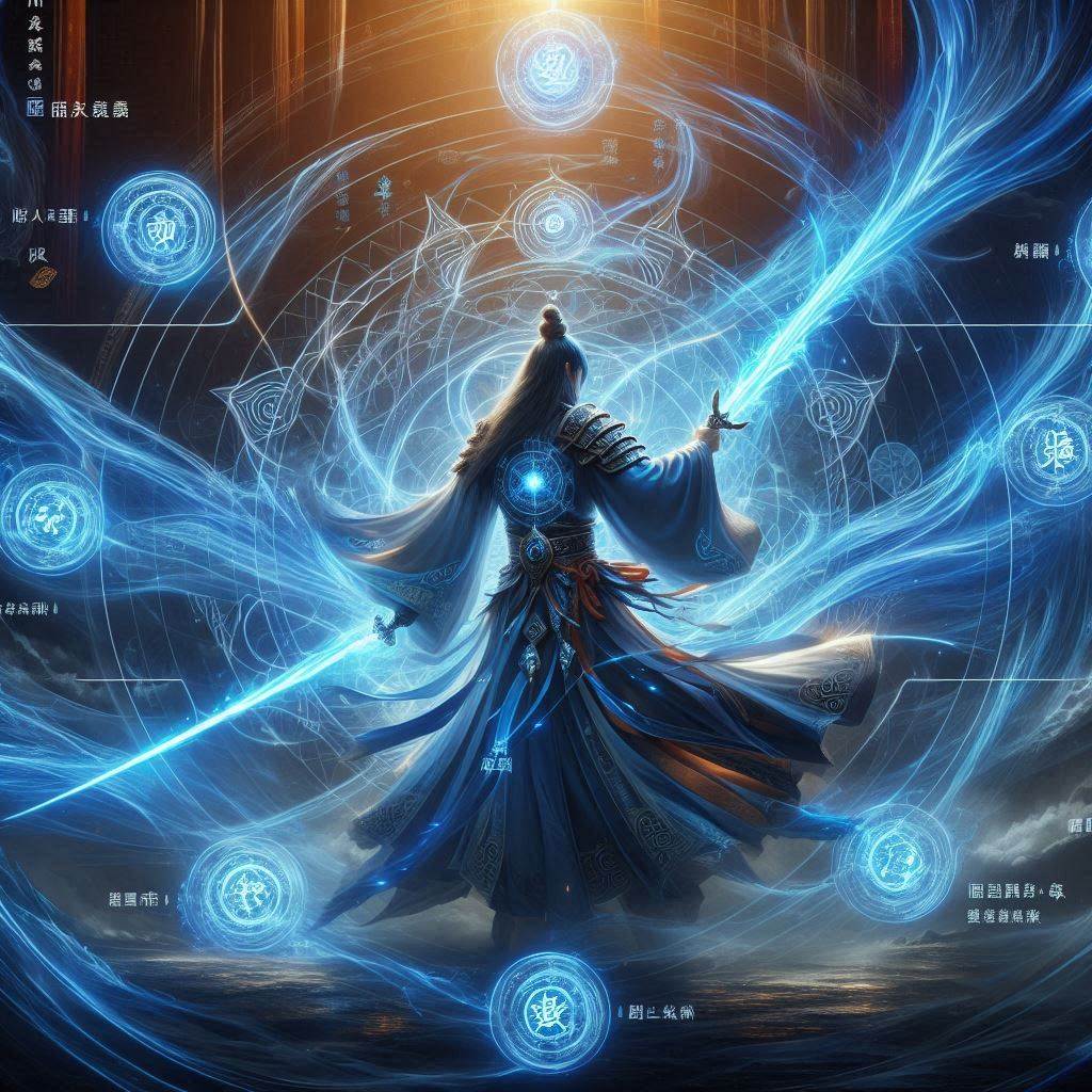 凡人修仙传M剑修剑气功法能量流动示意图：蓝色剑气绕修士流转的概念视觉