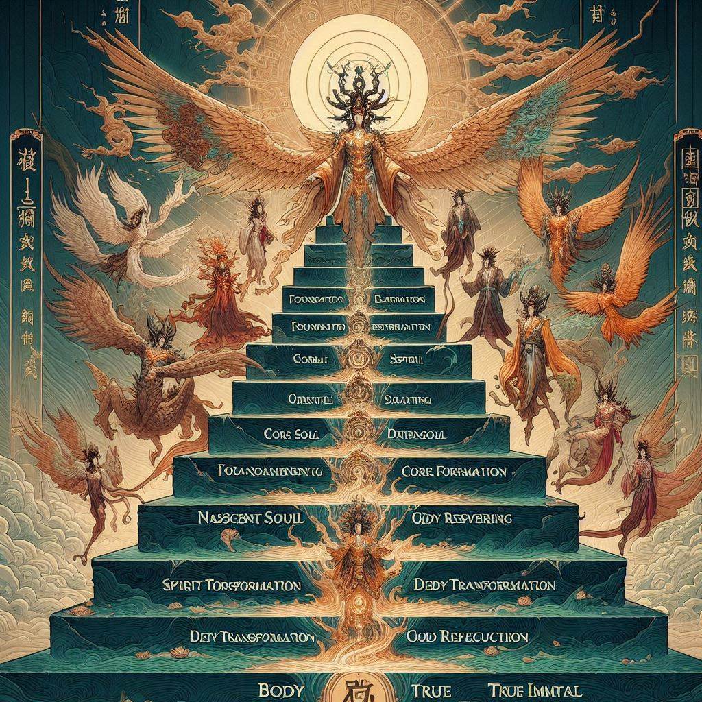 修仙者境界提升過程示意圖 - 練氣築基金丹元嬰