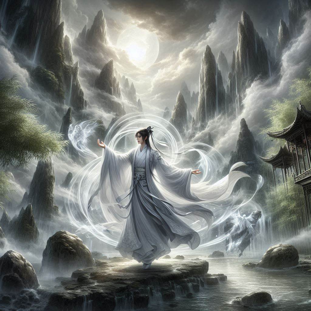 仙俠修仙漫畫氛圍圖 - 修仙者御劍飛行雲霧山巒