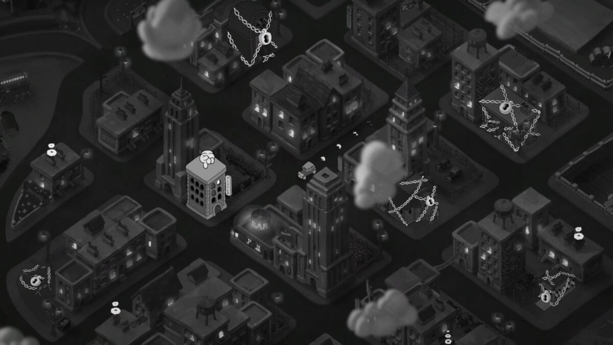 鼠堡城市的一角,展現了歌劇院建築與陰暗街道,充滿黑色電影氛圍。