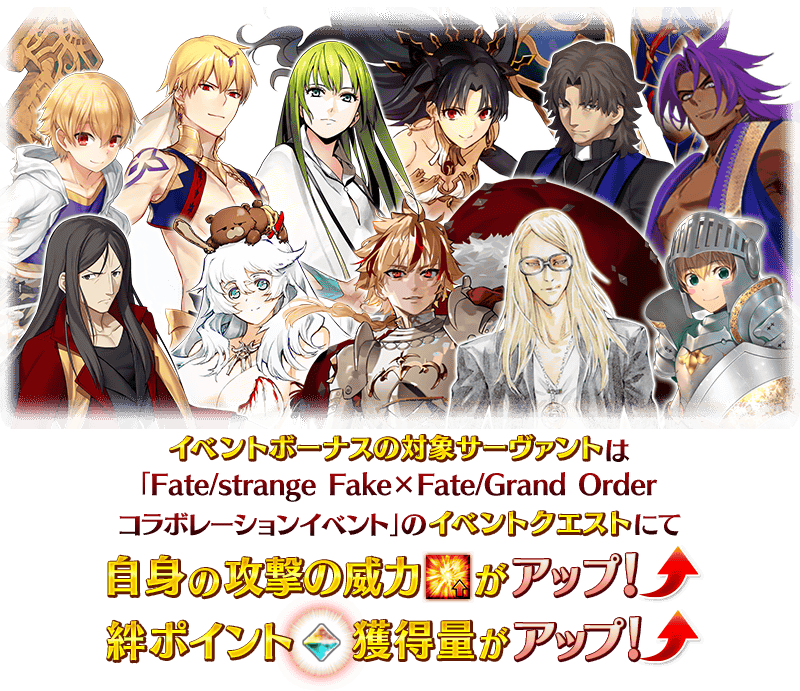 FGO Fate strange Fake 合作活動先行情報圖，顯示活動時程與對應從者資訊