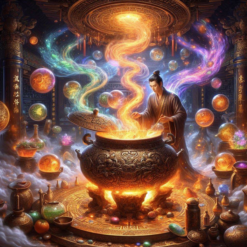 觅长生炼丹攻略 AI概念图 — 修仙者在丹炉前炼制灵丹