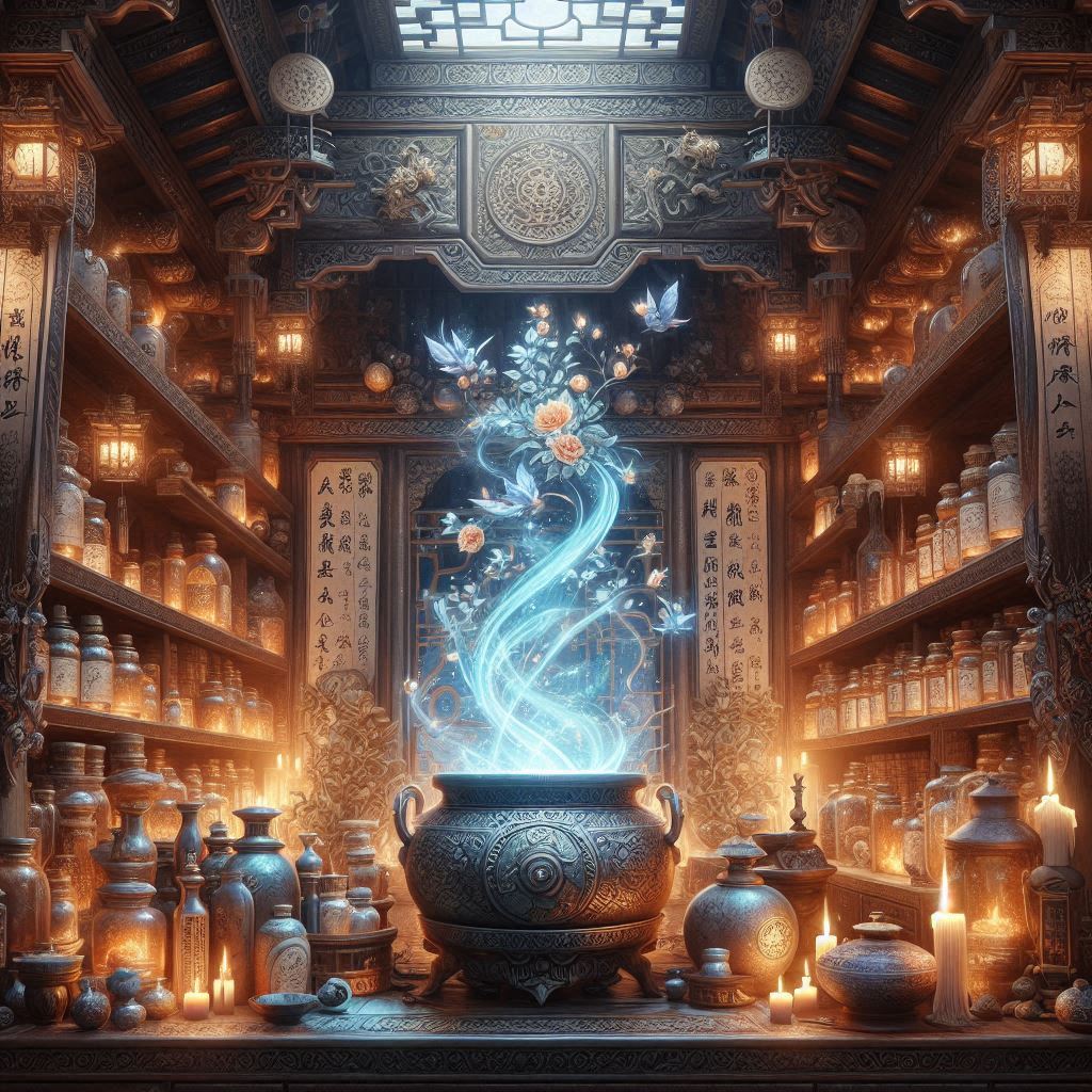 觅长生炼丹工房 — 仙侠修仙游戏炼丹炉与灵草药材 AI概念图