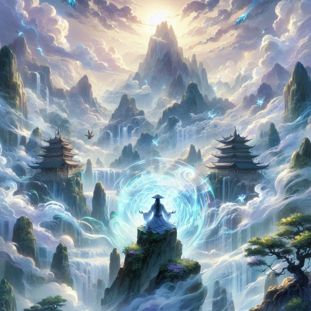 觅长生攻略封面 — 山顶修仙者静坐感悟灵气 AI概念图