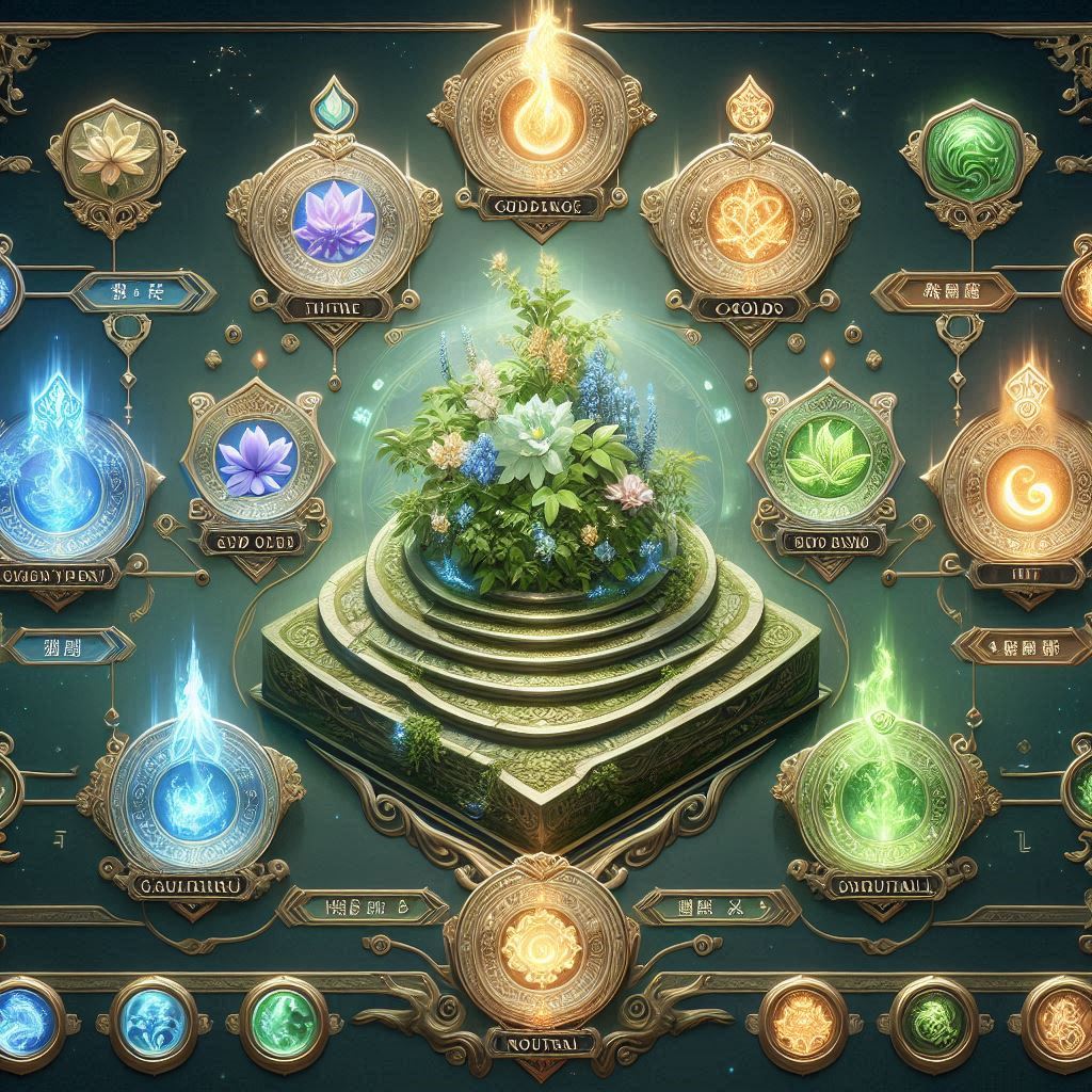 觅长生草药属性分级图 — 六品灵草寒热平性质分类信息图 AI生成