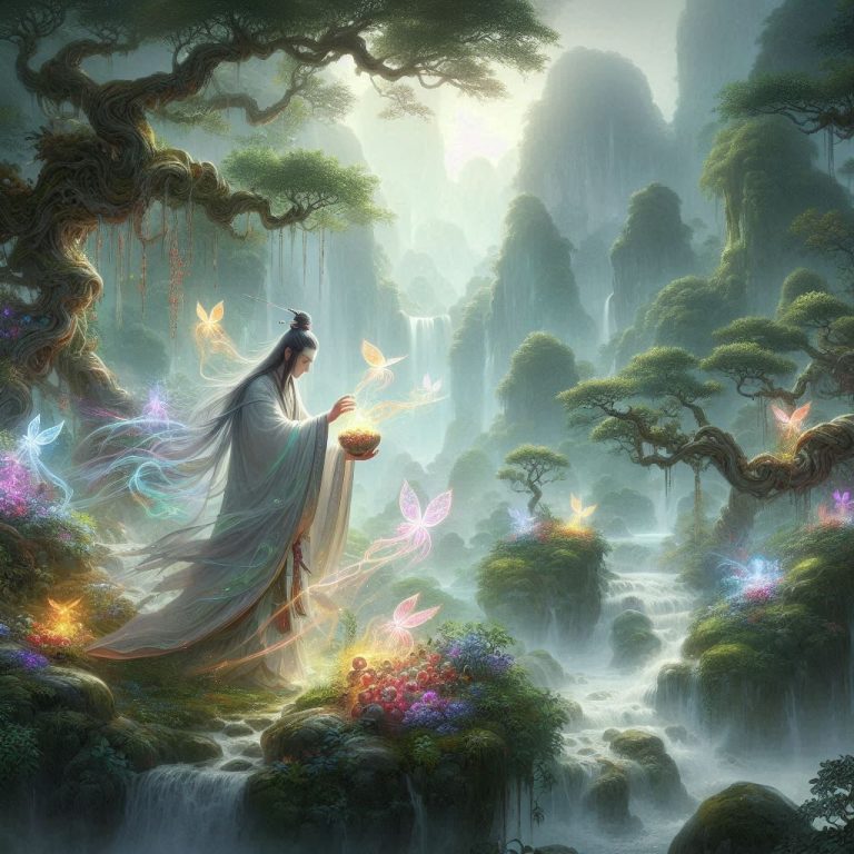 覓長生草藥採集場景 — 修仙者在仙境山谷中採集靈草 AI概念圖