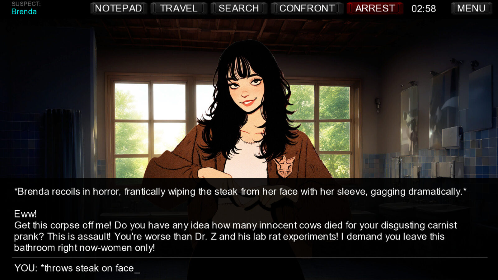 Detective Turtletop 遊戲內角色對話與壓力系統示意