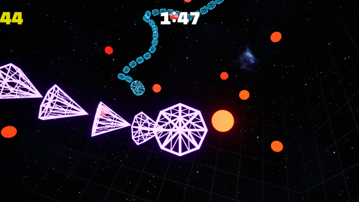 Knot: Serpent Arena 遊戲截圖，黃色太空蛇穿過閃爍的霓虹門戶，場景充滿動感