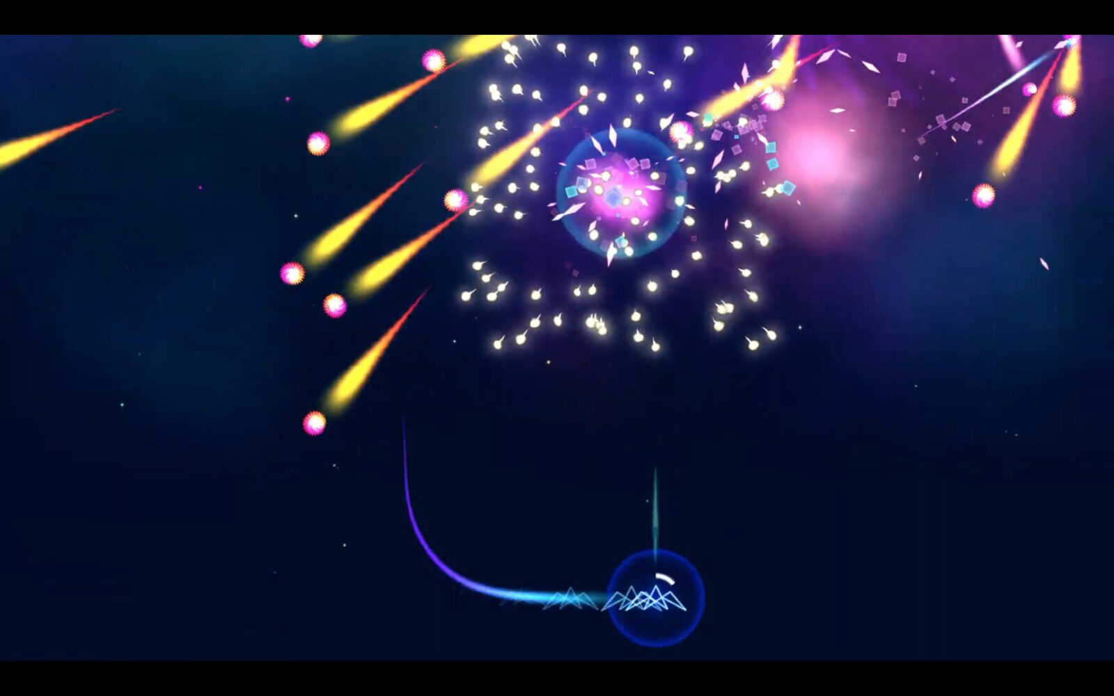 Astrogeo 遊戲截圖，展示戰鬥場景與多樣化敵機